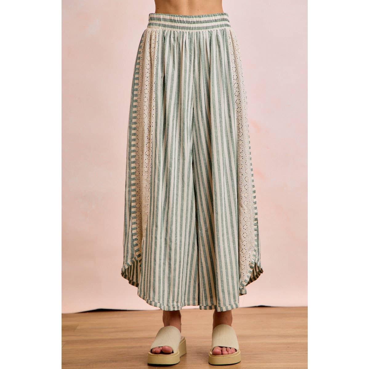 FLORAL EYELET SIDE ELASTIC STRIPES WIDE LEG PANTS: LIGHT PINK