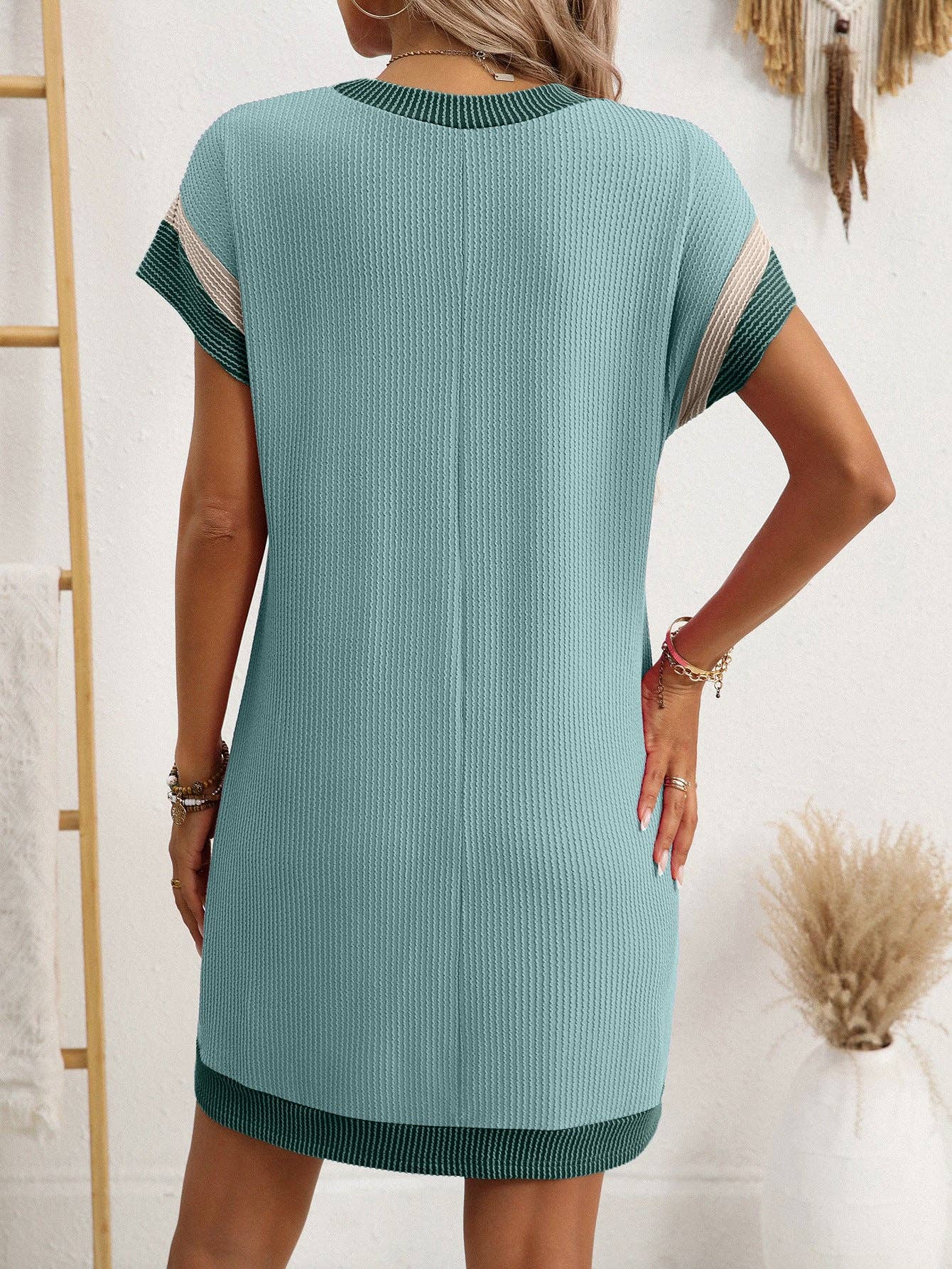 Color Block Ribbed Pocket T Shirt Dress Casual Summer: Lake Green / 65%Polyester+30%Viscose+5%Elastane /