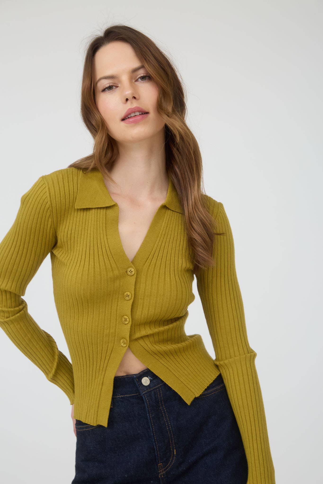 COLLARED BUTTON FRONT LONG SLEEVE SWEATER KNIT TOP: NAVY