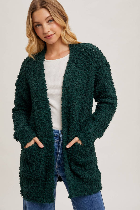 FLUFFY BOUCLÉ OPEN FRONT CARDIGAN: HUNTER GREEN / M/L