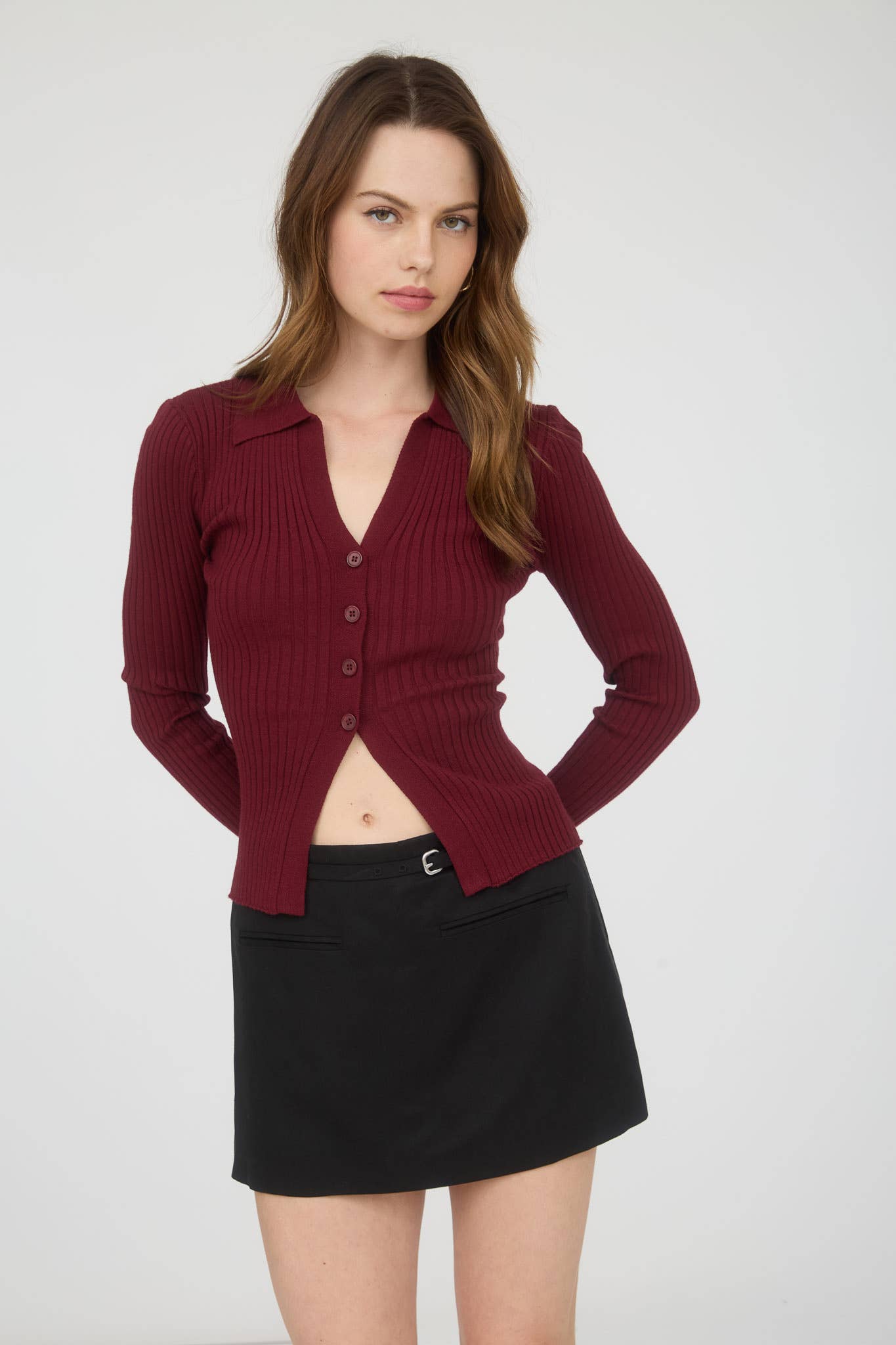 COLLARED BUTTON FRONT LONG SLEEVE SWEATER KNIT TOP: NAVY