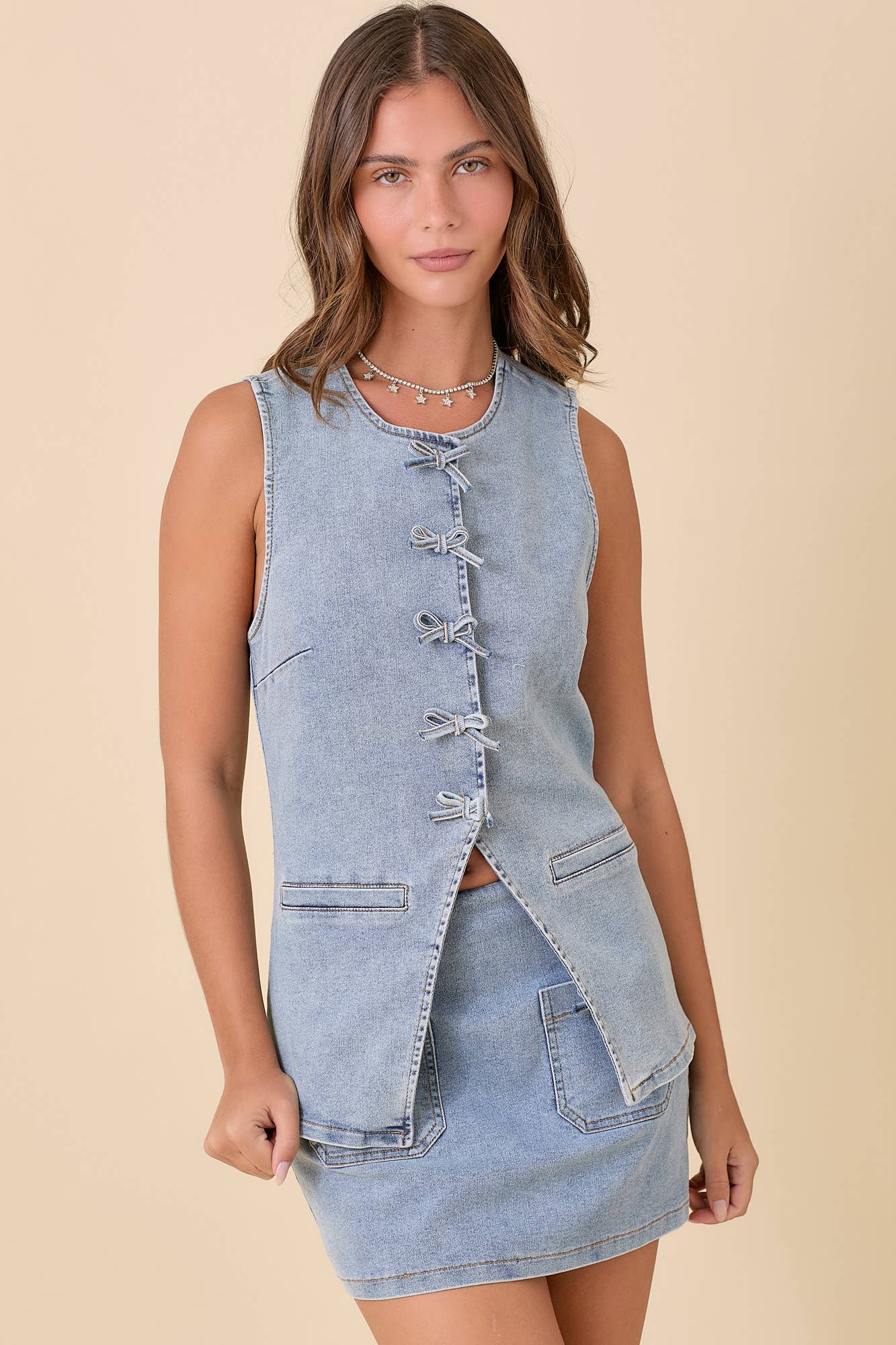 Mini Denim Skort With Front Pocket And Ribbon Bow: LIGHT DENIM
