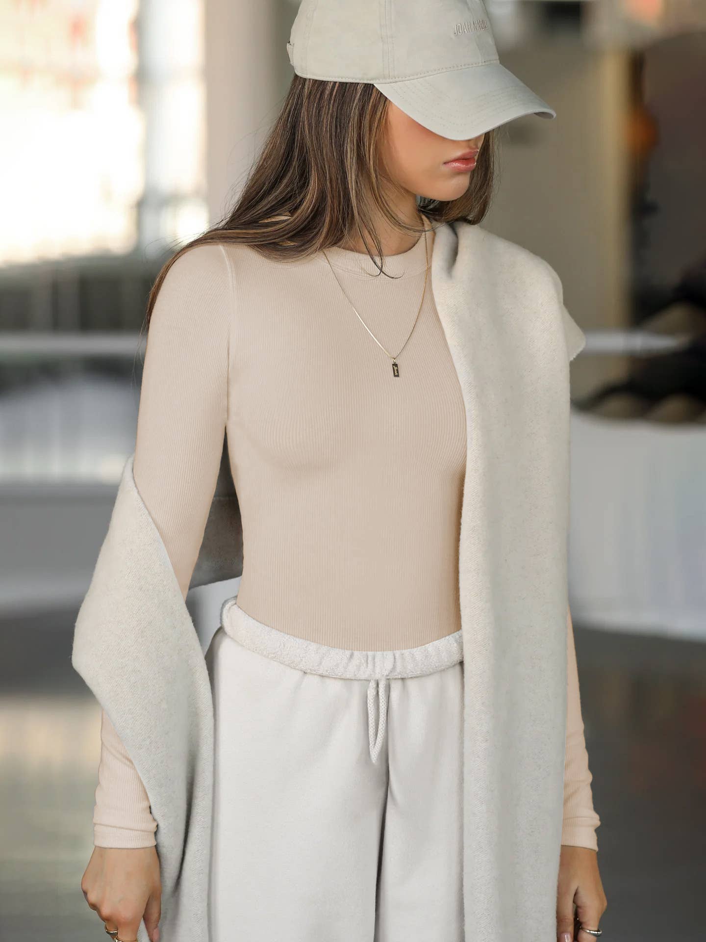 Ribbed Long Sleeve Crop Top: Beige