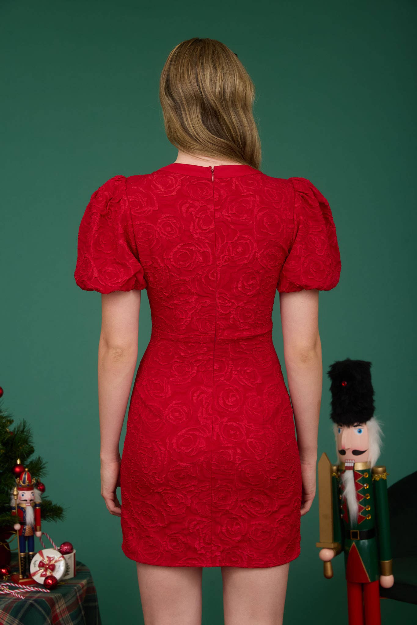 ROSE JACQUARD PUFF SLEEVE BOW DETAIL MINI DRESS: RED