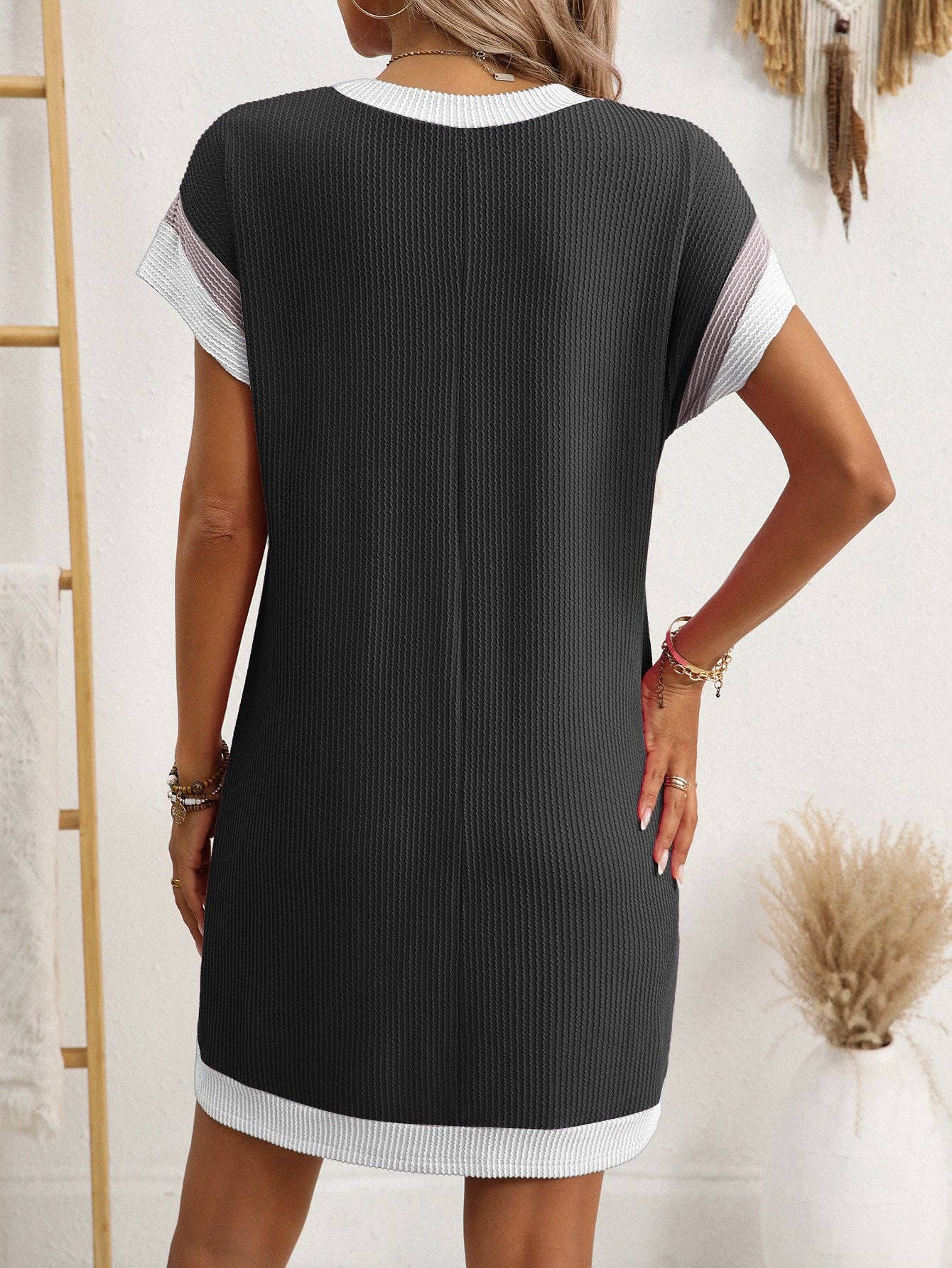 Color Block Ribbed Pocket T Shirt Dress Casual Summer: Black