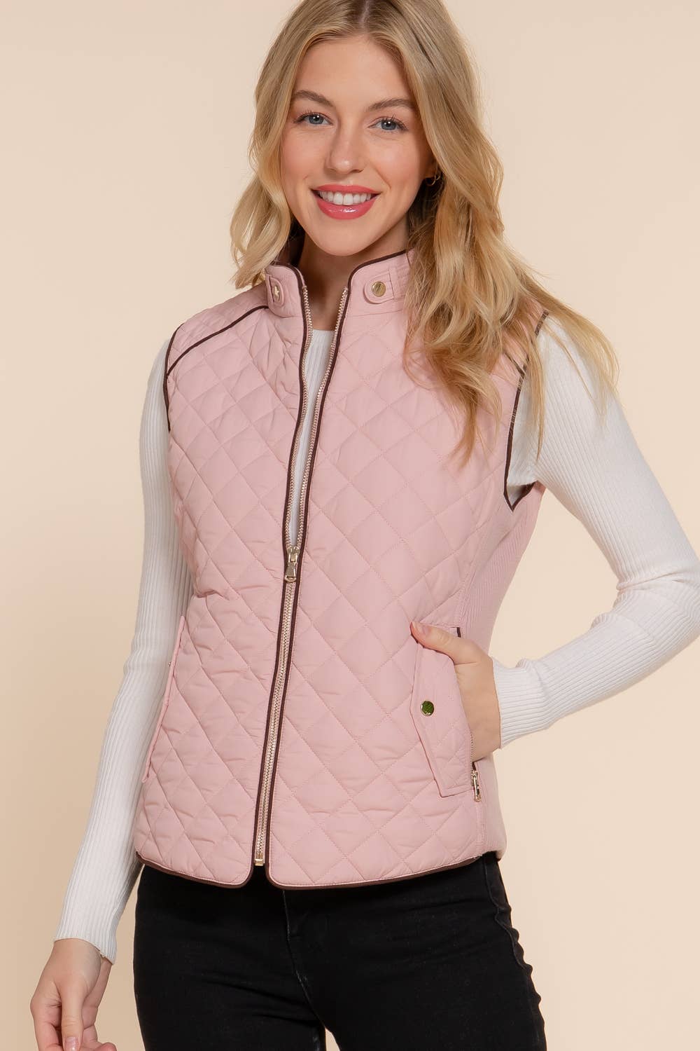 Suede Piping Detail Rib Quilted Padding Vest: PNK-beige pink