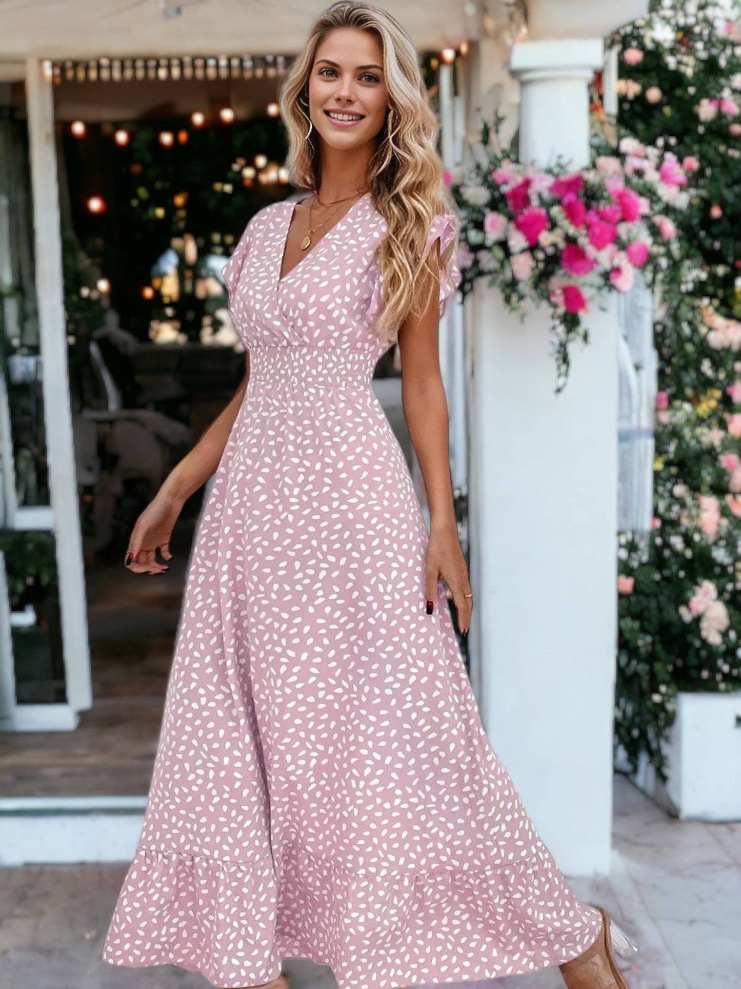 Lady in Pink Abstract Print Dress