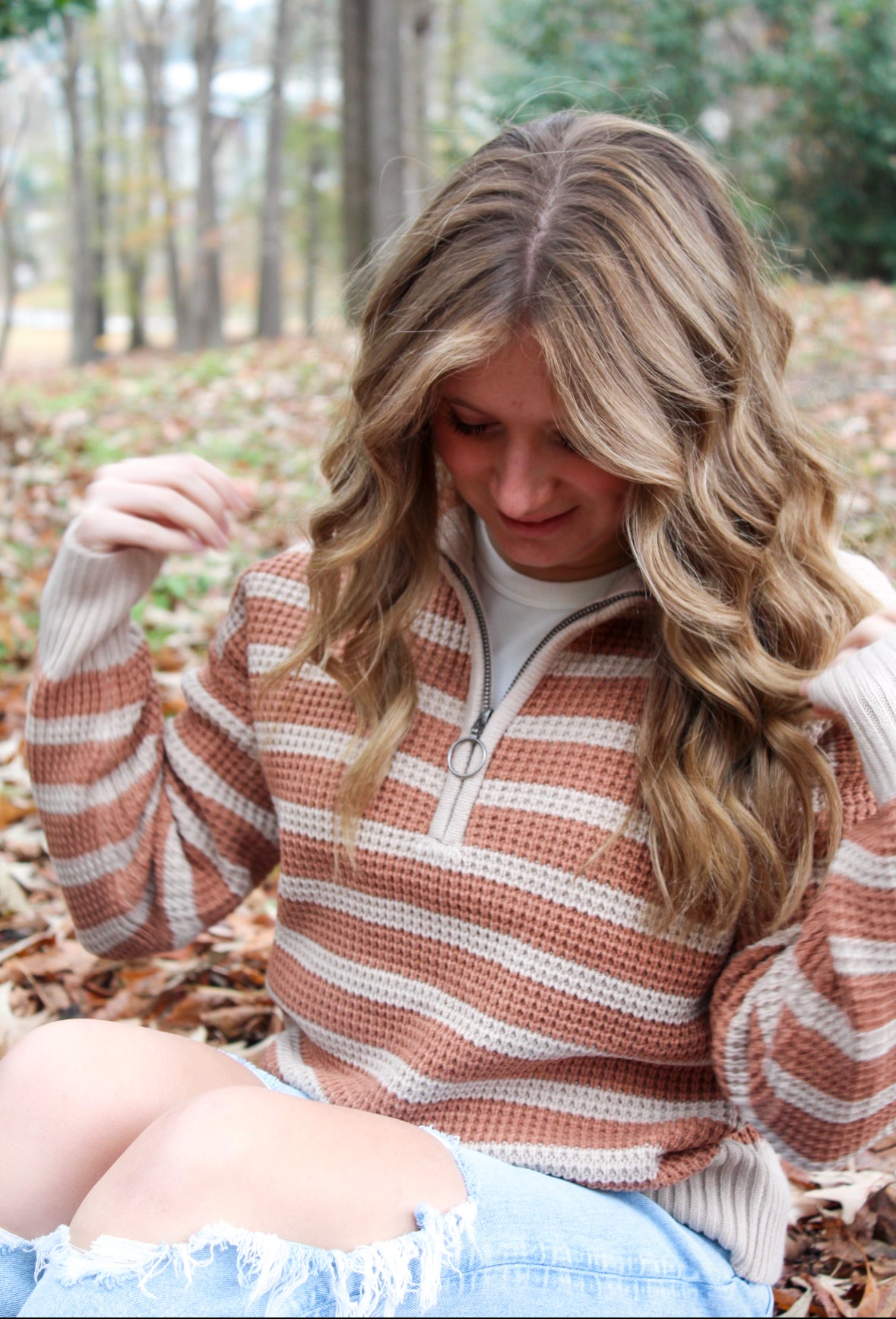 Collard Half Zip Up Stripe Sweater Knit Top