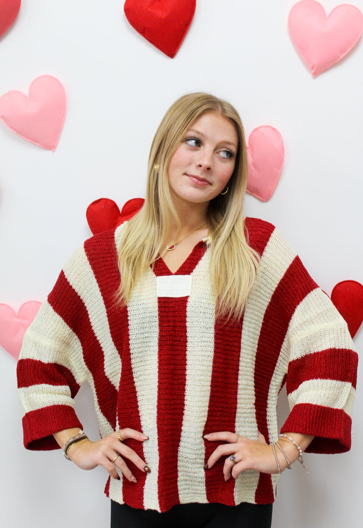 Red Stripe Colorblock V Neck Bracelet Sleeve Sweater: Red Stripe