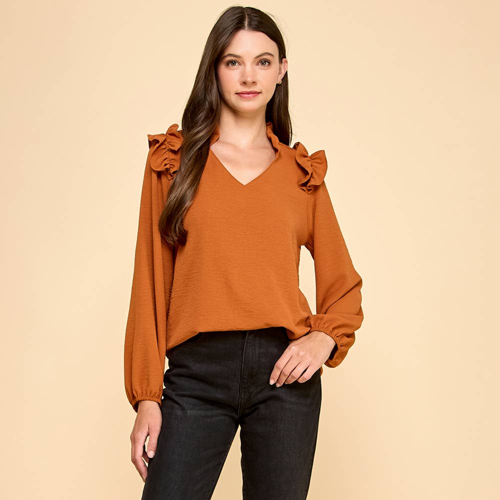 Ruffle Shoulder V-Neck Blouse: Adobe