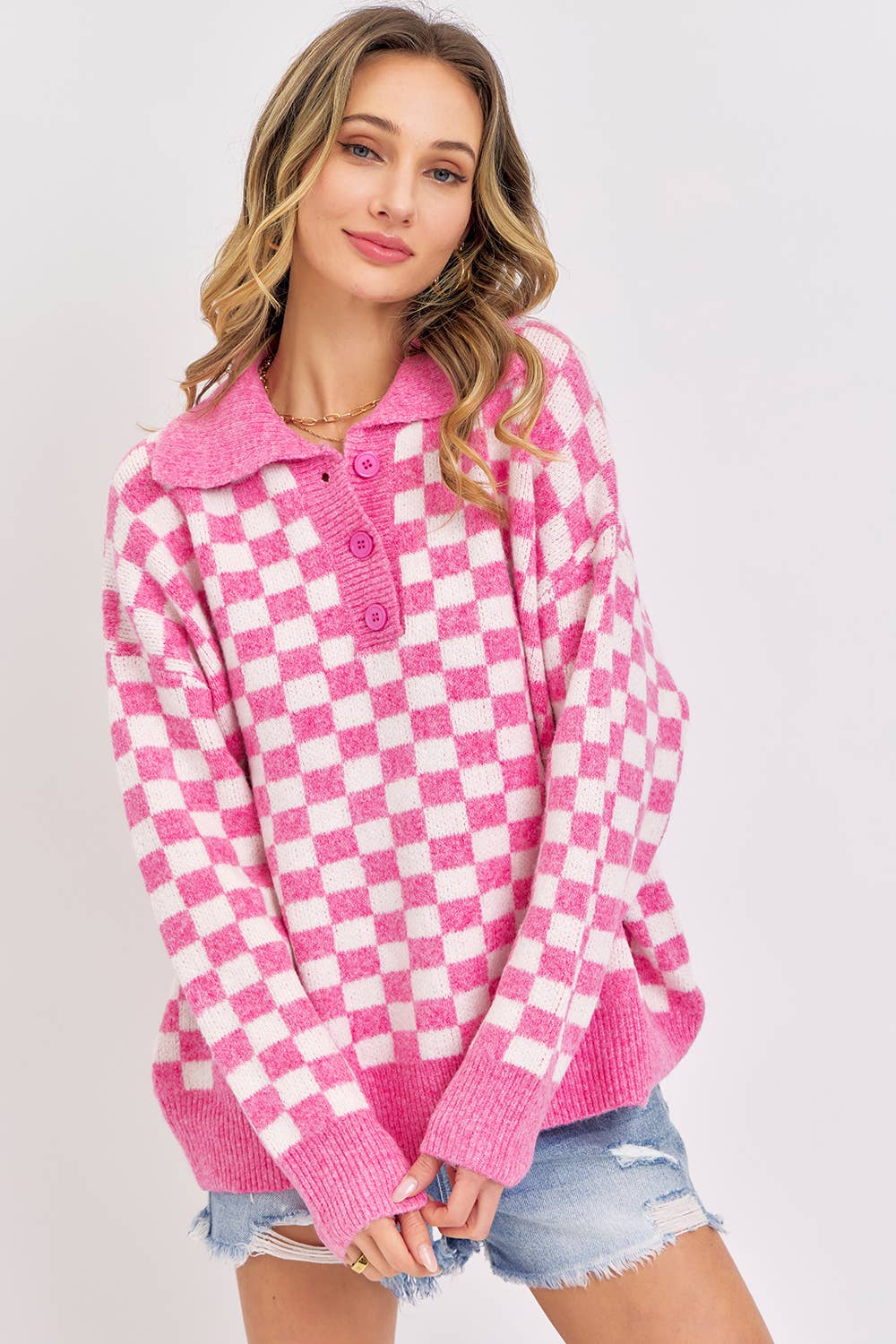 PLAID HALF BUTTONED COLLARED SWEATER: Pink / Contemporary / M