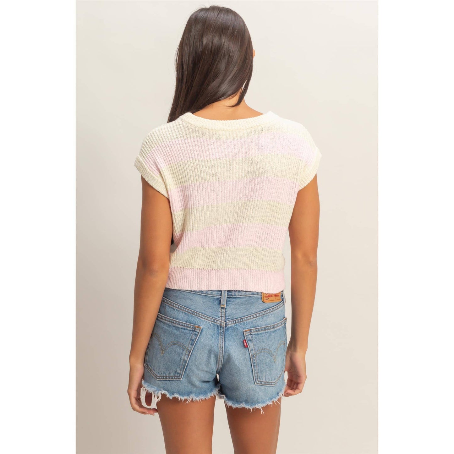 Striped Ribbed Knit Top: SOFT PINK