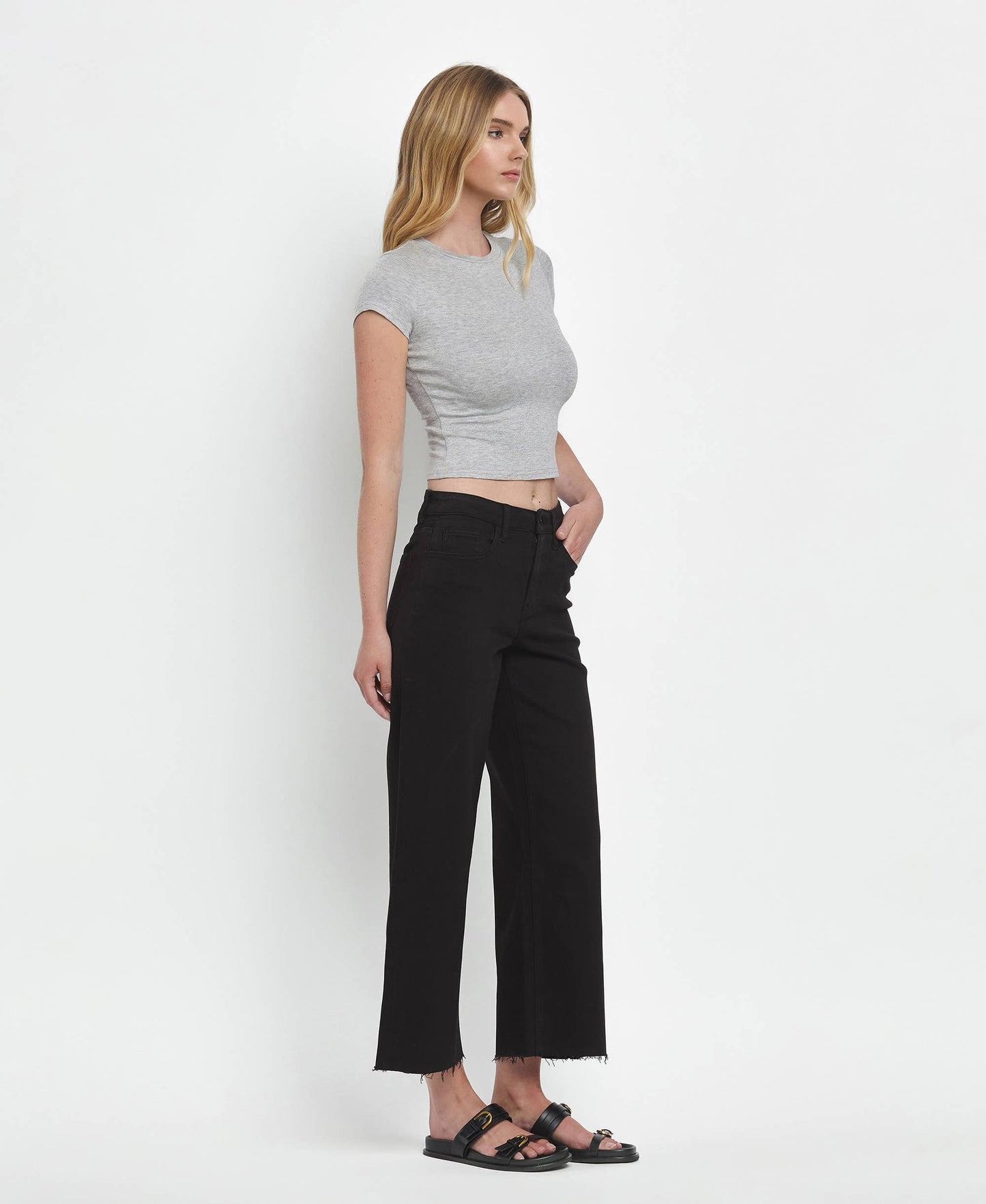 HIGH RISE CROP WIDE LEG JEANS T5894BK: Black