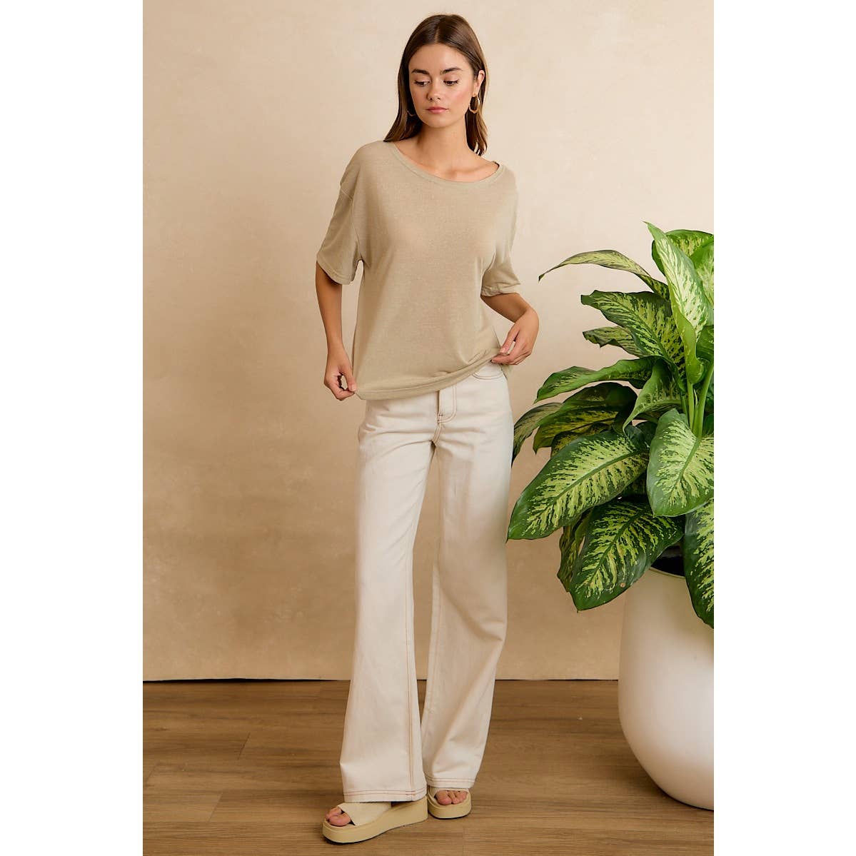 SOLID JERSEY RELAXED FIT SHORT SLEEVES POCKET TOP: LATTE / L