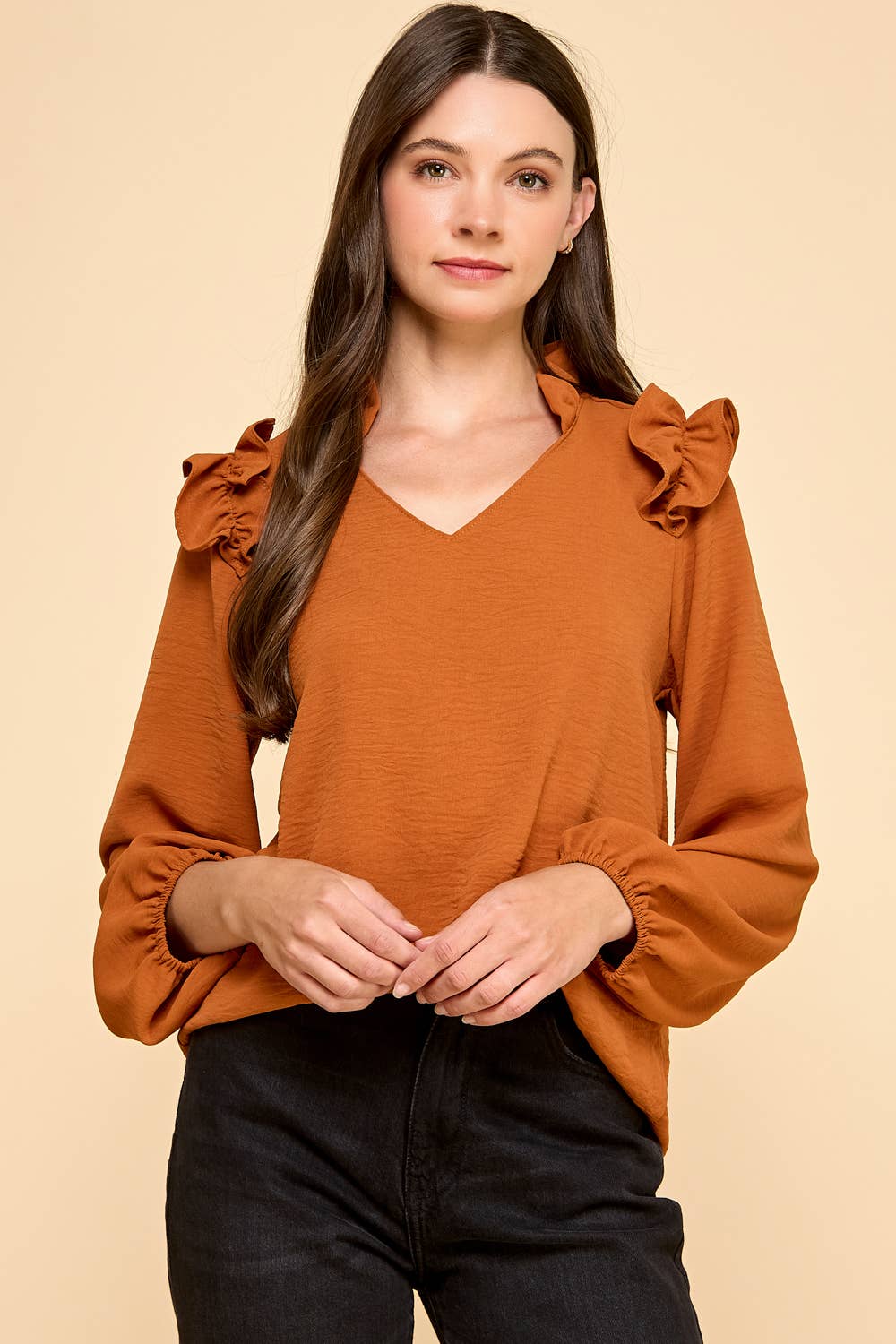 Ruffle Shoulder V-Neck Blouse: Adobe