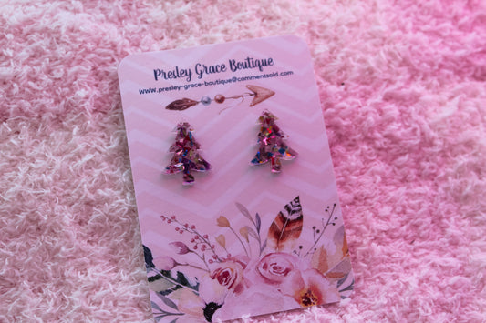 Pink Christmas Tree Studs