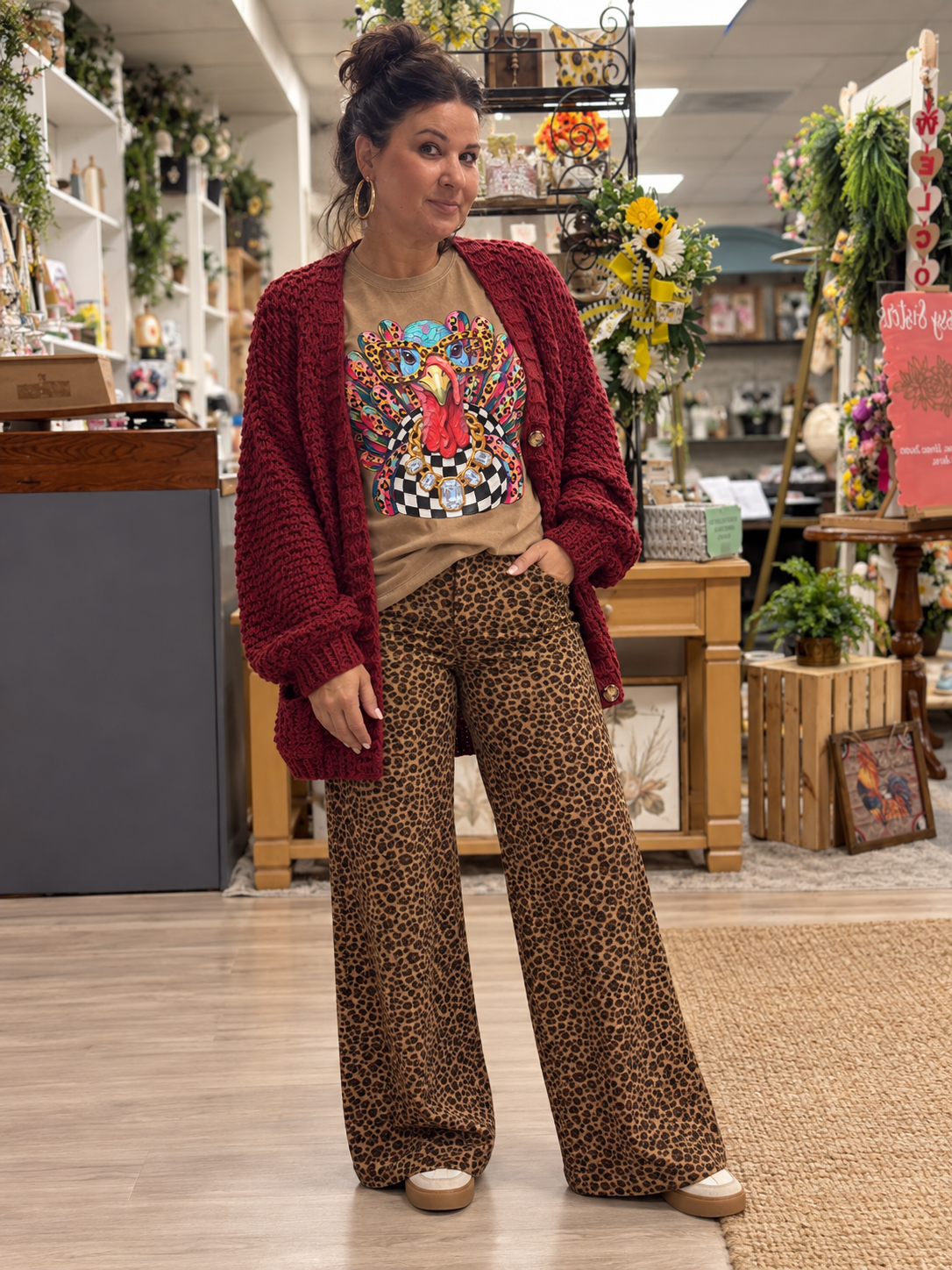 High-Rise Wide-Leg Leopard Print Trousers: MOCHA