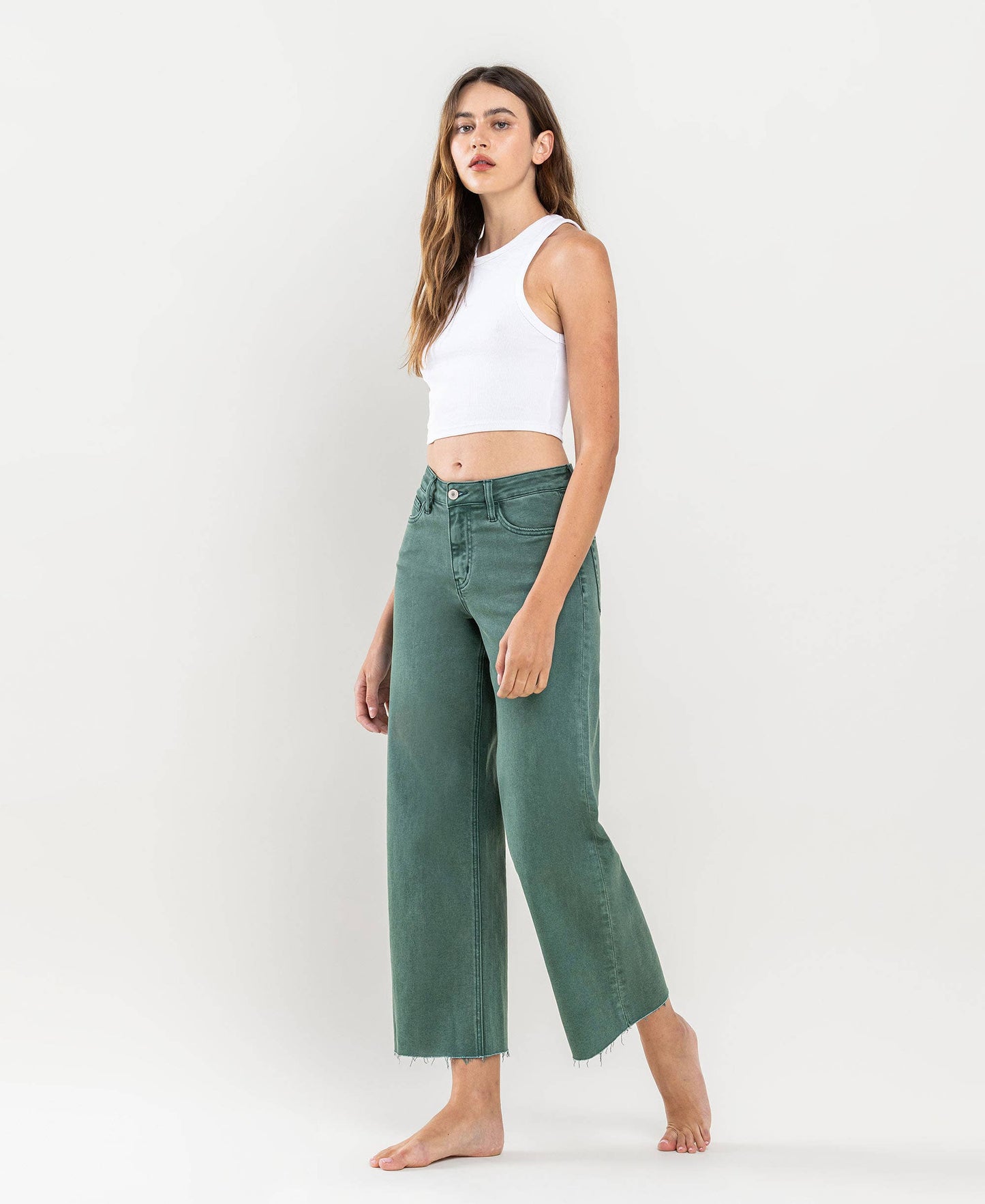 HIGH RISE CROP WIDE LEG JEANS MALLARD GREEN
