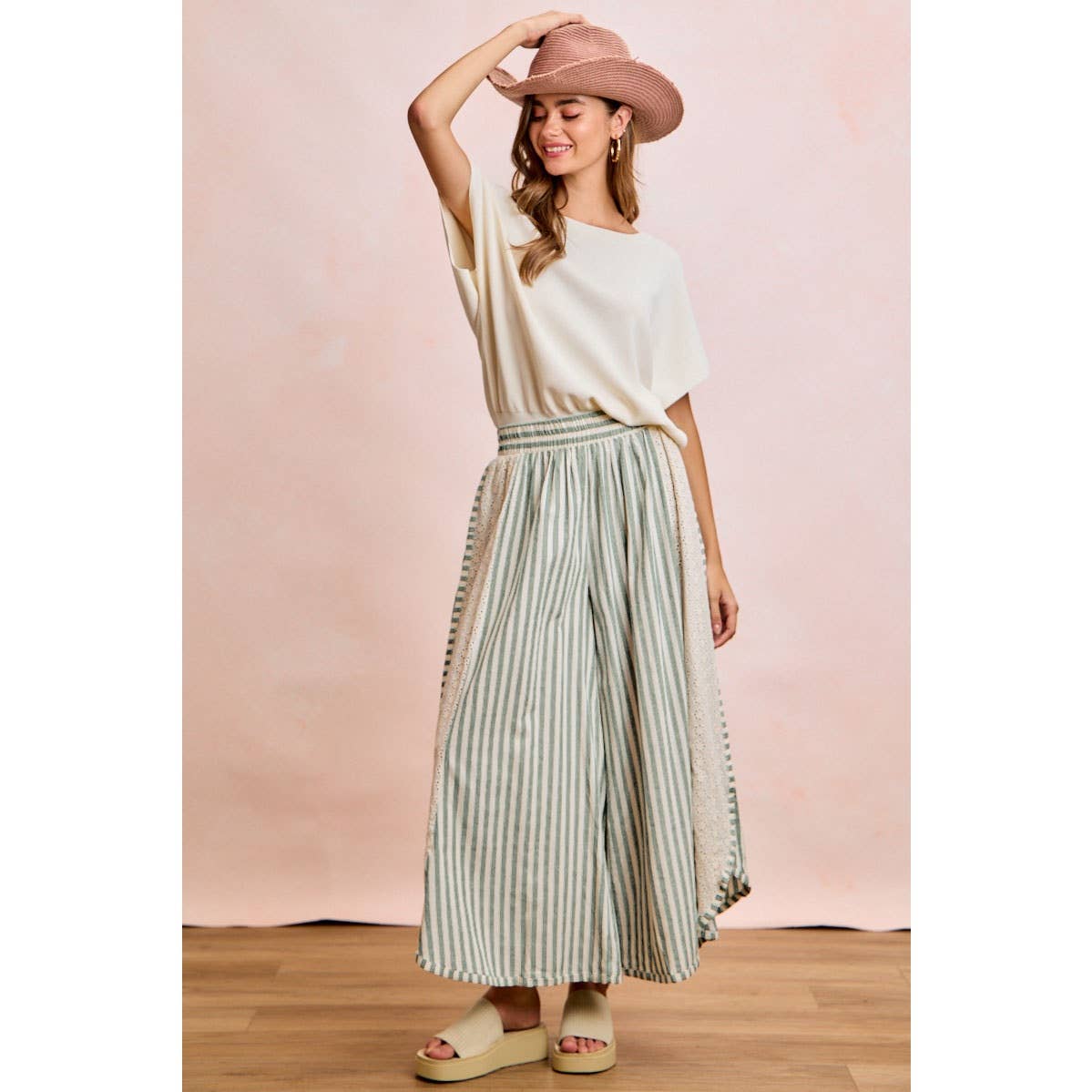FLORAL EYELET SIDE ELASTIC STRIPES WIDE LEG PANTS: LIGHT PINK