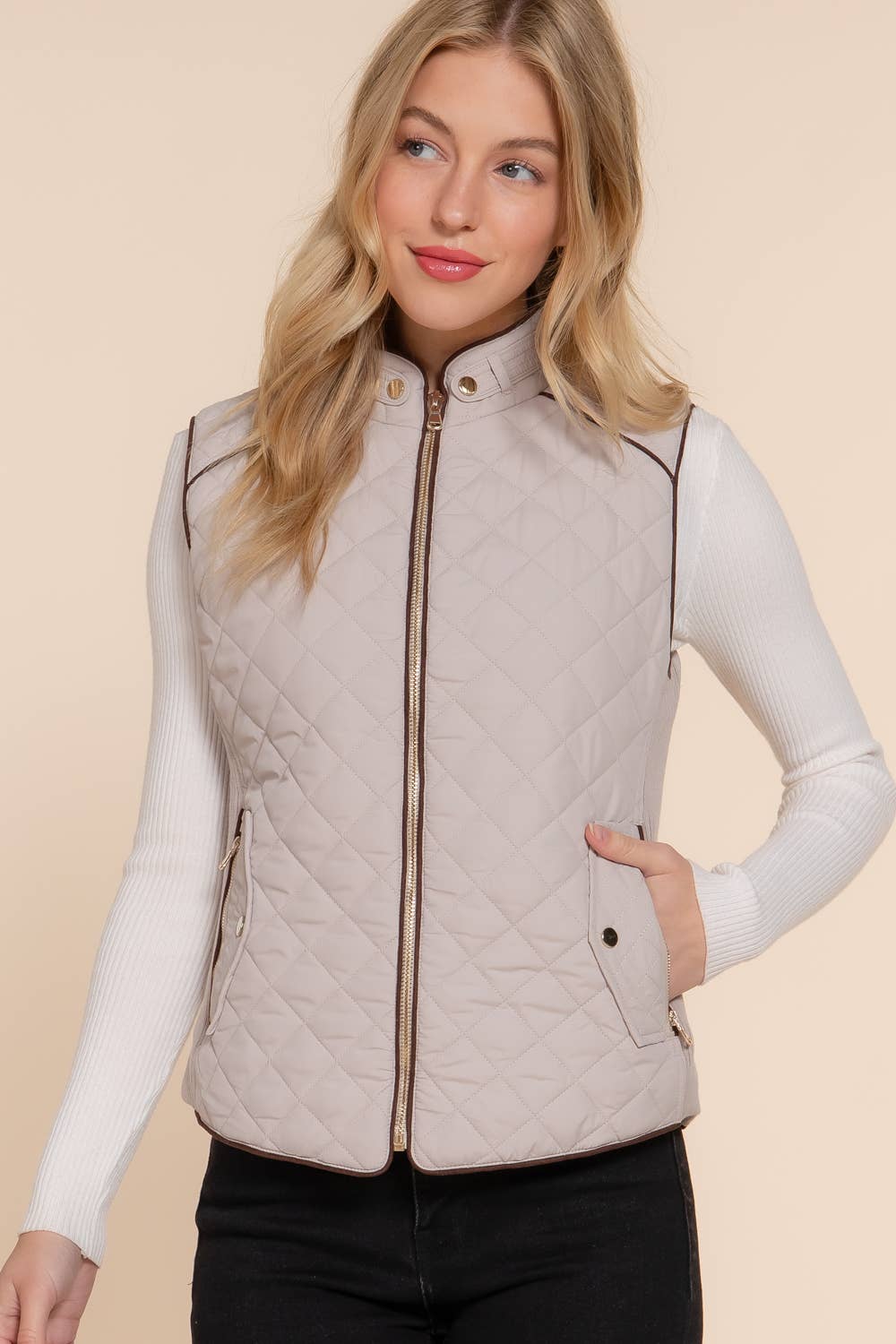 Suede Piping Detail Rib Quilted Padding Vest: PNK-beige pink