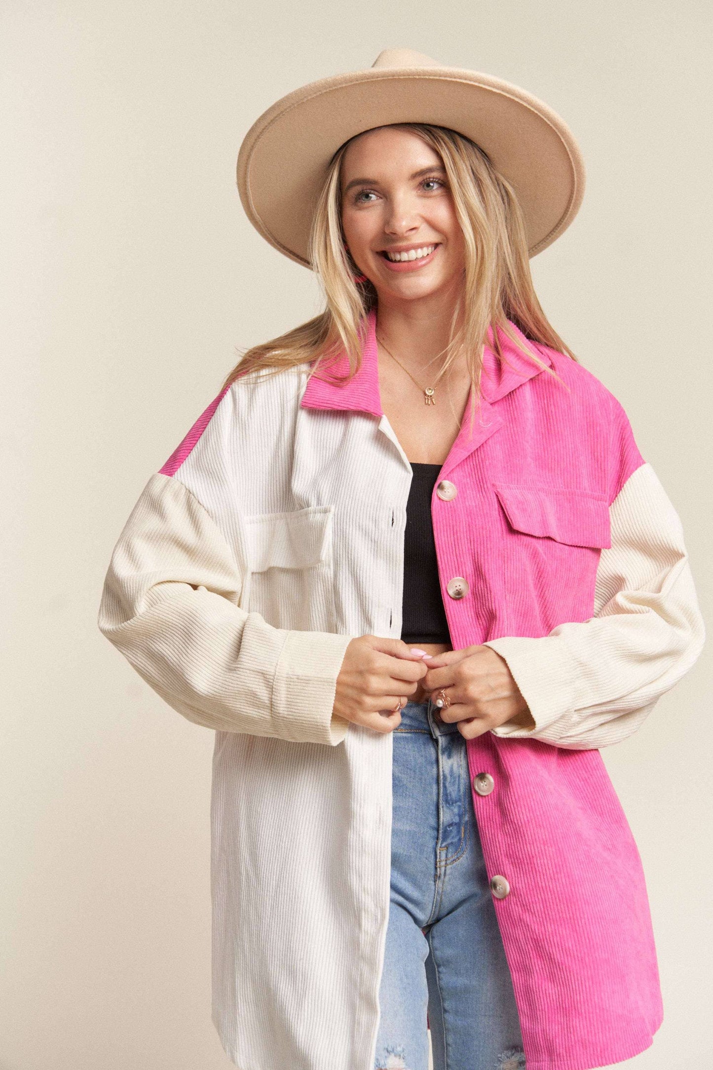 LEJ2636- CORDUROY COLOR BLOCKED SHACKET: WHITE/HOT PINK