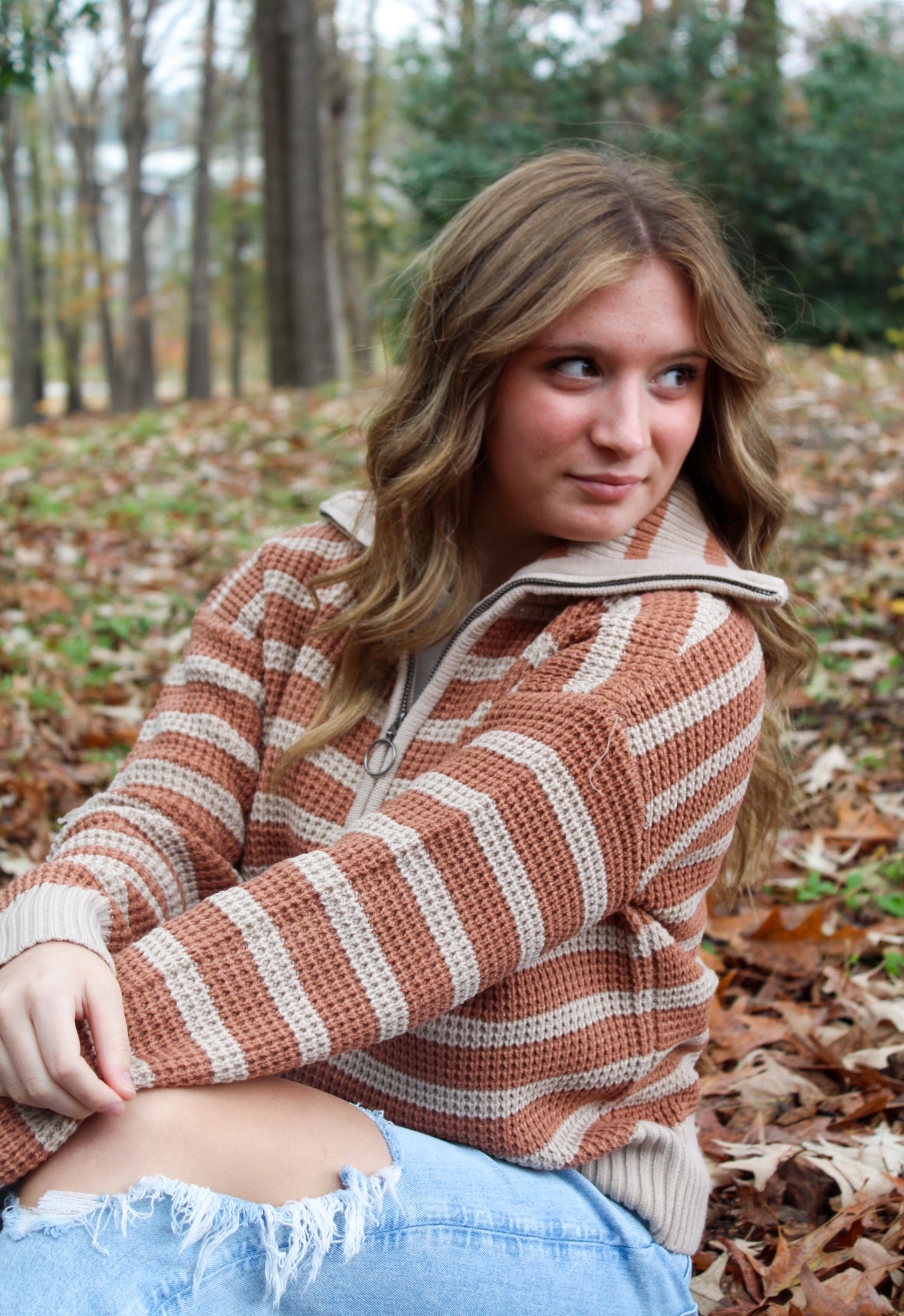 Collard Half Zip Up Stripe Sweater Knit Top