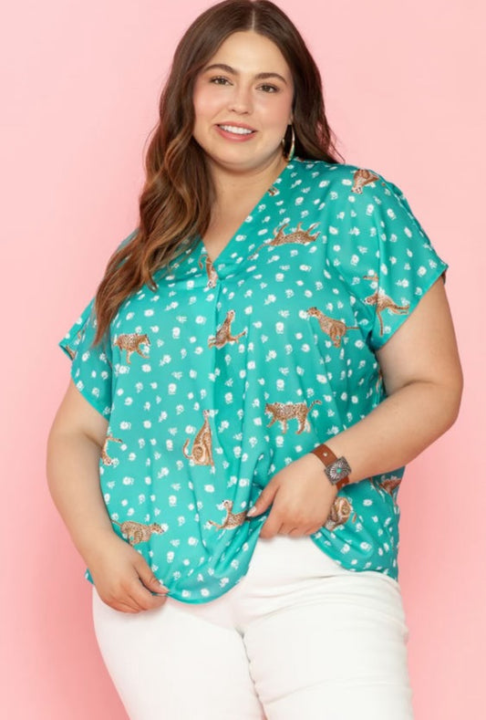 Plus Size Teal Leopard Blouse