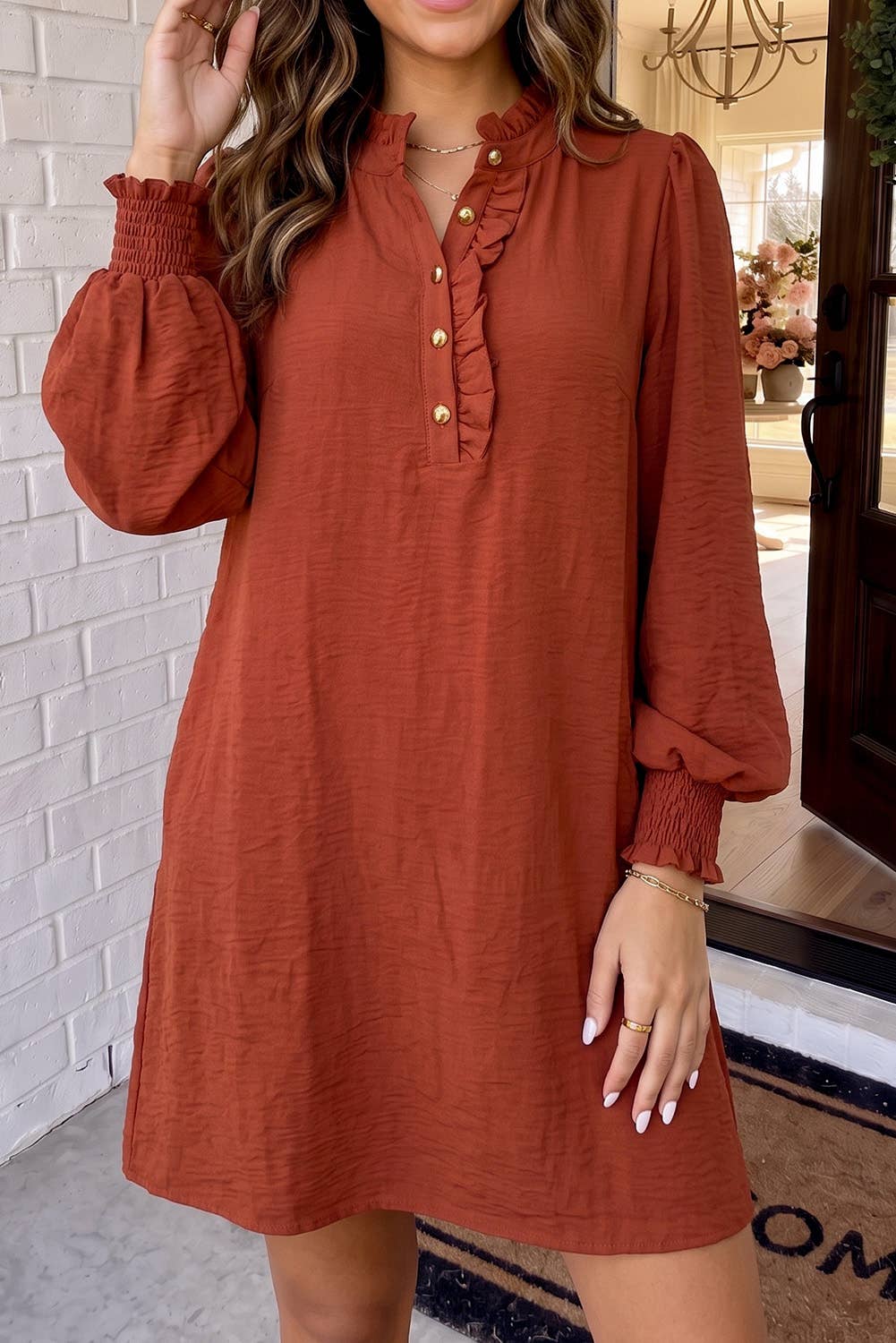 PreOrder 09/30-Solid Ruffle Trim Bubble Sleeve Shift Mini Dress-Coffee