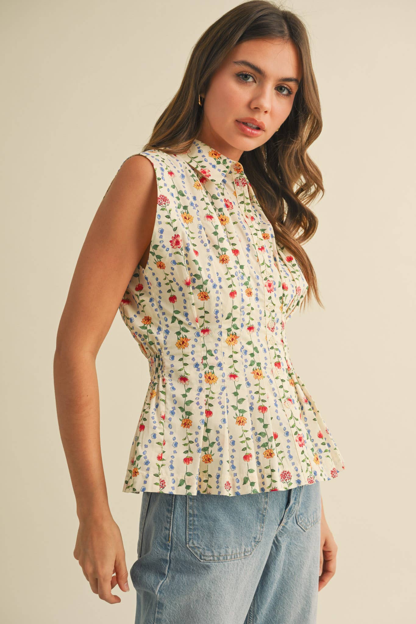 BUTTON DOWN PLEATED WAIST PEPLUM TOP MTP3906: Ivory Multi Floral