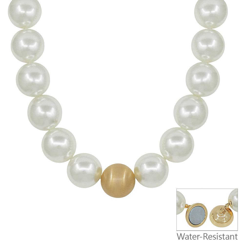 Water Resistant 25MM Gold and Pearl Ball Beaded with Magnetic Closure Necklace