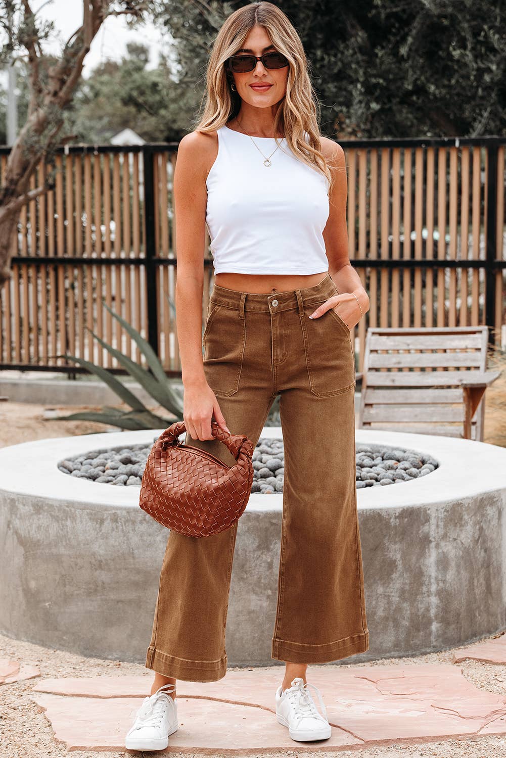 Ezra | Cropped High Rise Wide Leg Jeans: Brown