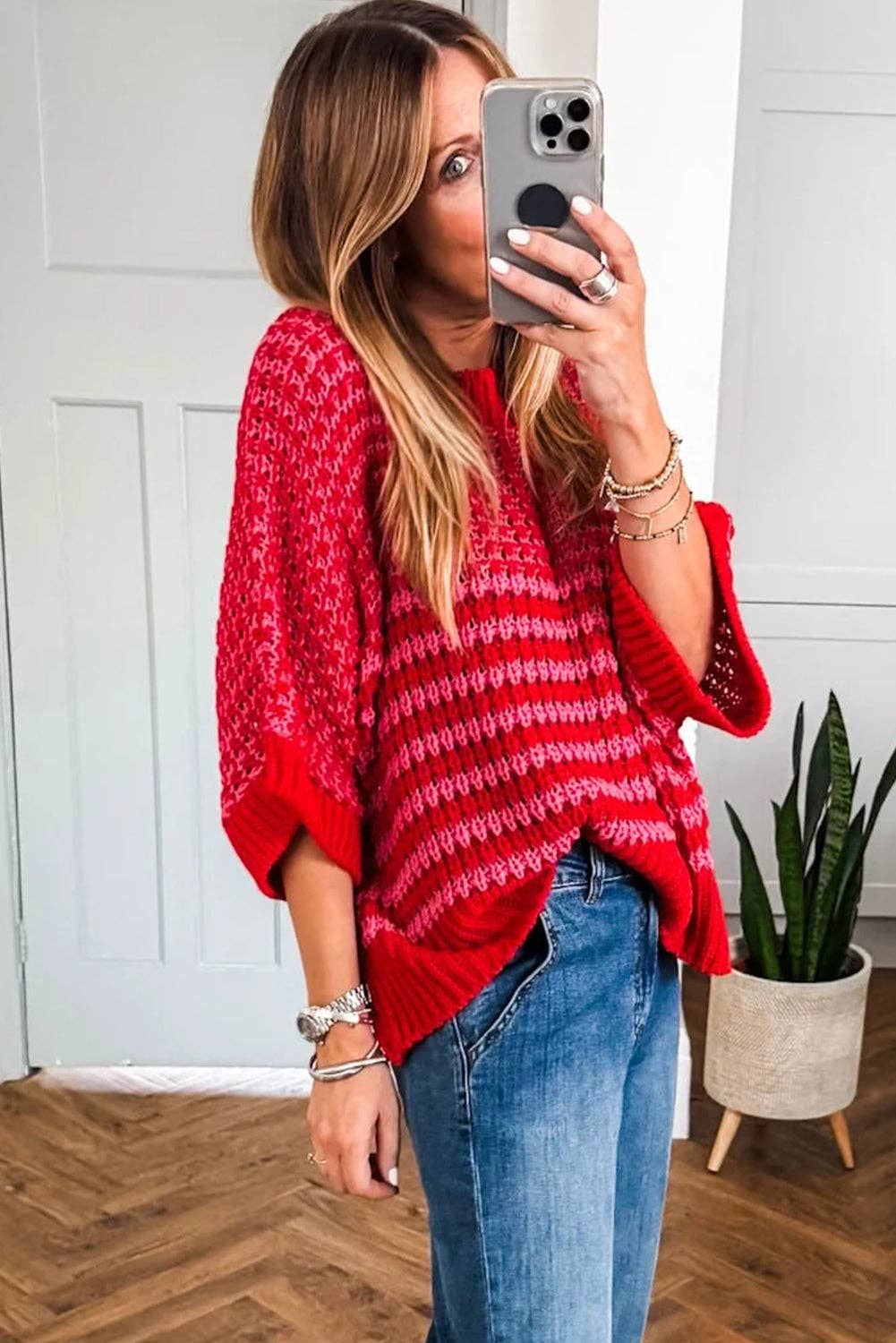 Red Striped Slouchy Knit Sweater with 3/4 Draped Sleeves: Red Stripe / 100%Acrylic