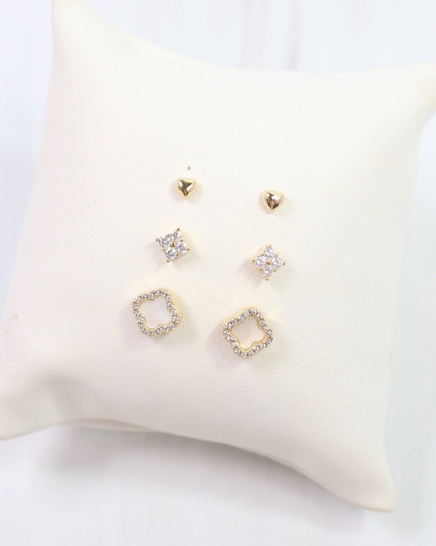 White Opal Clover and Stud Earring Set Gold