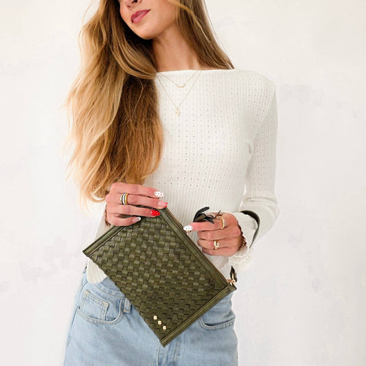 Veda Woven Crossbody and Clutch Bag: Olive