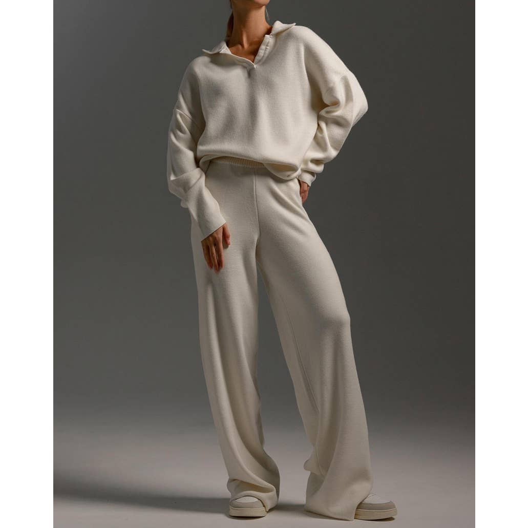 Long sleeve top and long pants sweater set: KHAKI / M