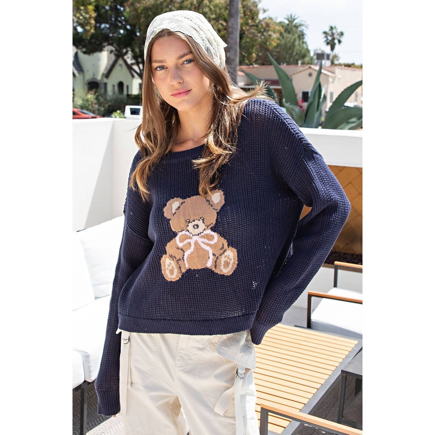 Teddy Bear Knit Sweater Top: NAVY