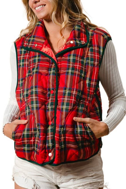 Vintage Christmas Plaid Quilting Vest: RED MULTI