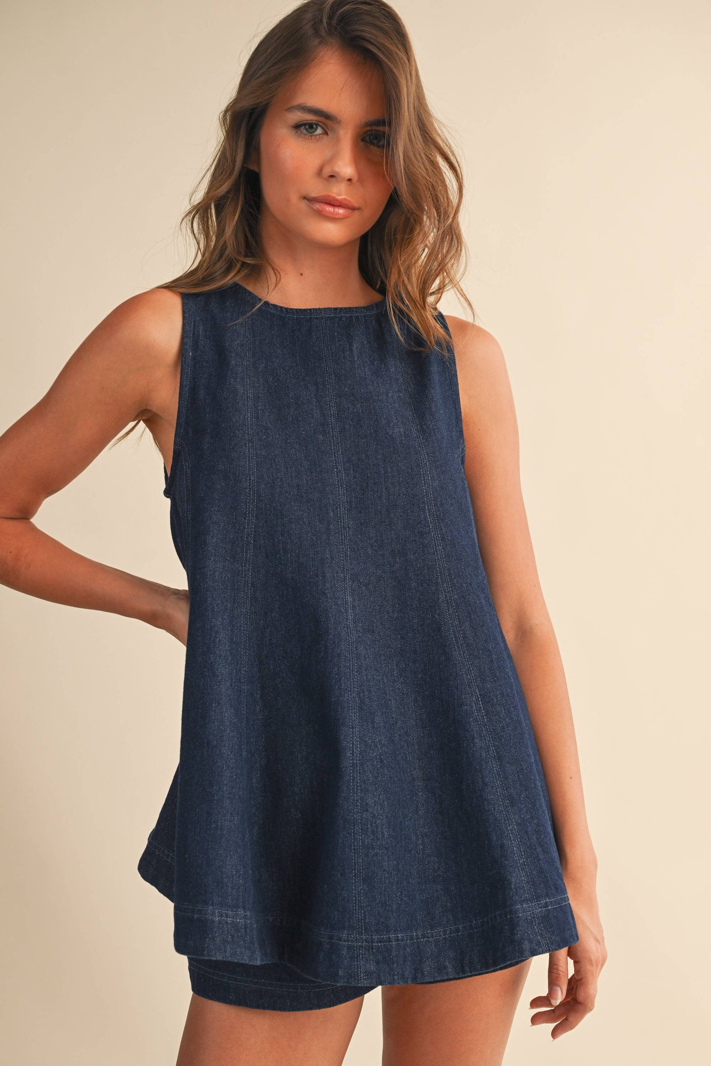 IST6095 DENIM LONGLINE SLEEVELESS TOP AND SHORTS SET: DK DENIM