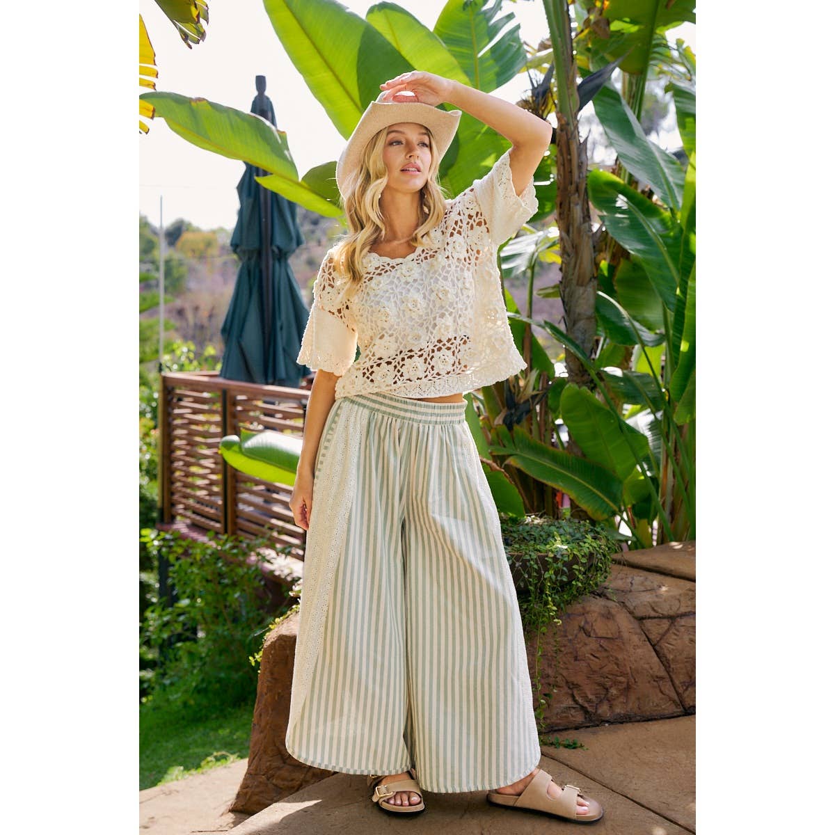 FLORAL EYELET SIDE ELASTIC STRIPES WIDE LEG PANTS: LIGHT PINK