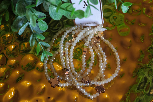 Cross Accent Multi Layered Beaded Stretch Bracelet