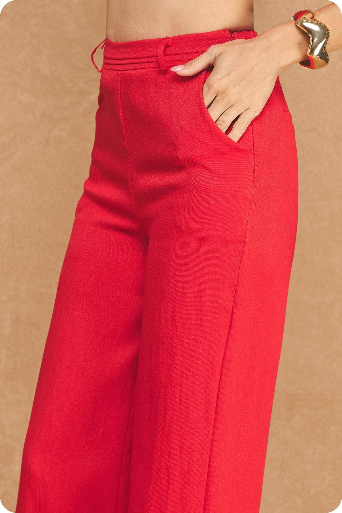 Waist Pintuck High-Waisted Wide Leg Trousers: Red