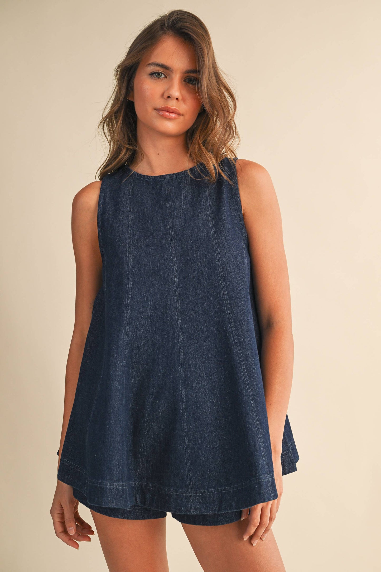 IST6095 DENIM LONGLINE SLEEVELESS TOP AND SHORTS SET: DK DENIM