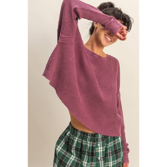 Chic Open Back Textured Knit Long Sleeve Top