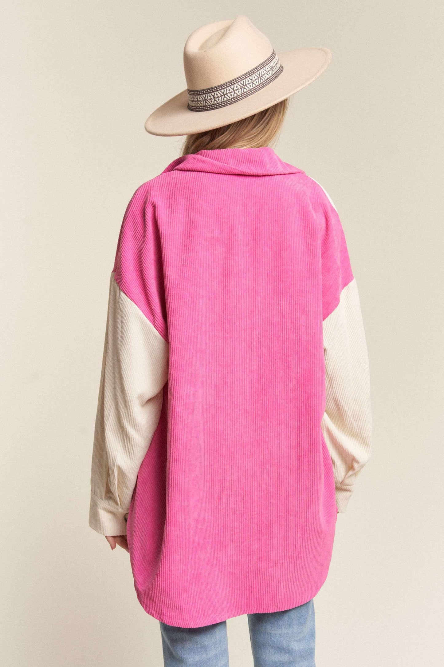 LEJ2636- CORDUROY COLOR BLOCKED SHACKET: WHITE/HOT PINK