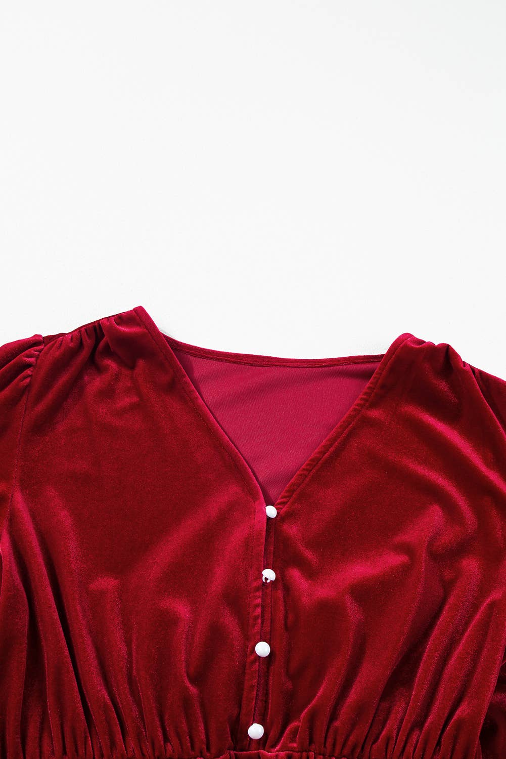 Velvet Buttoned Puff Sleeve Split Midi Dress: Racing Red / 95%Polyester+5%Elastane / L