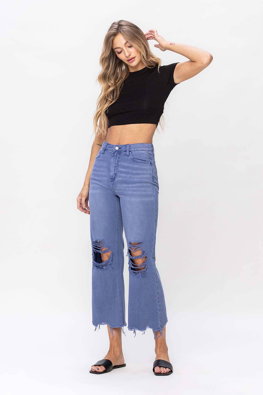 90'S VINTAGE SUPER HIGH RISE CROP FLARE JEANS: INDIGO
