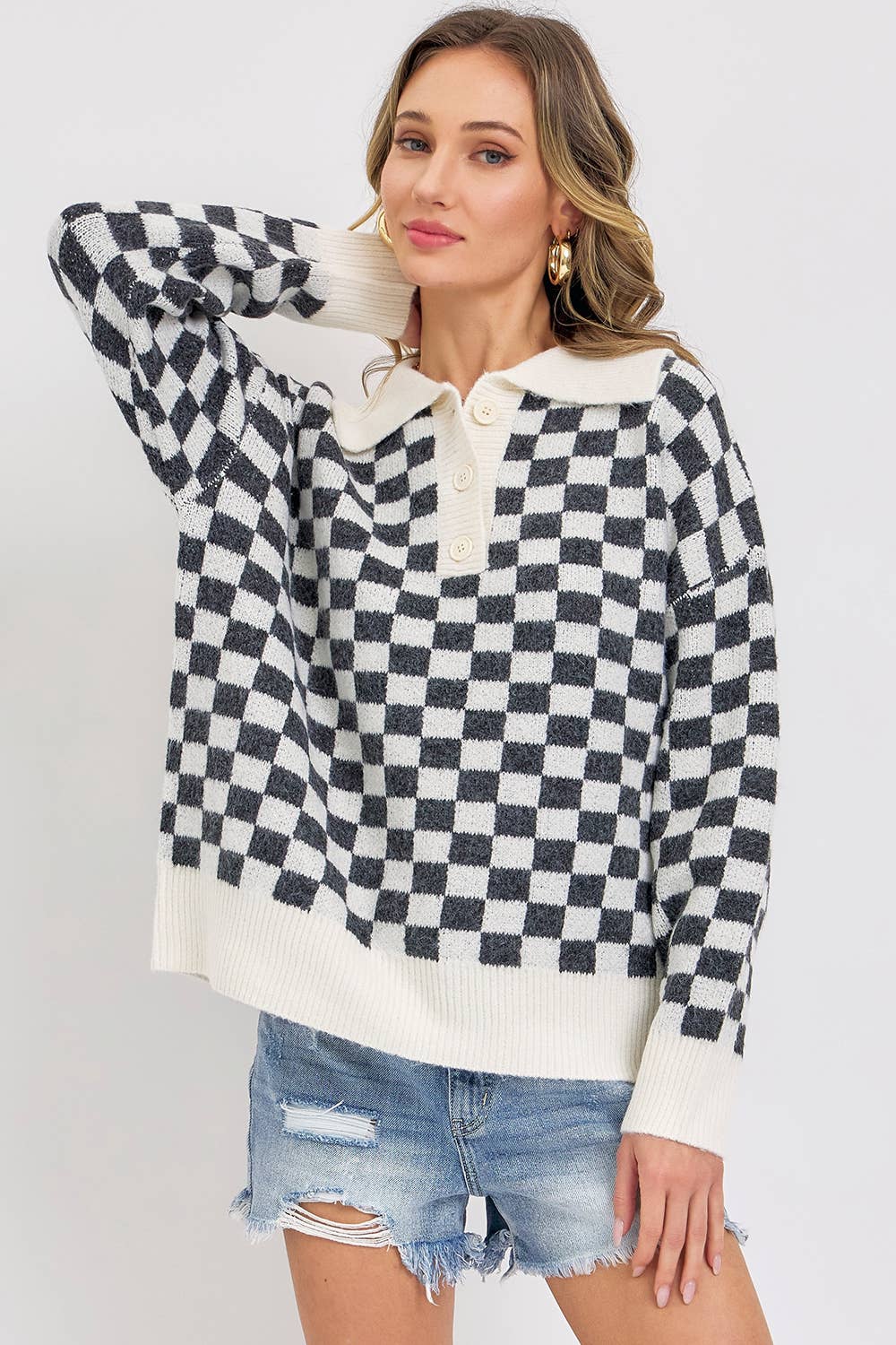 PLAID HALF BUTTONED COLLARED SWEATER: Pink / Contemporary / S