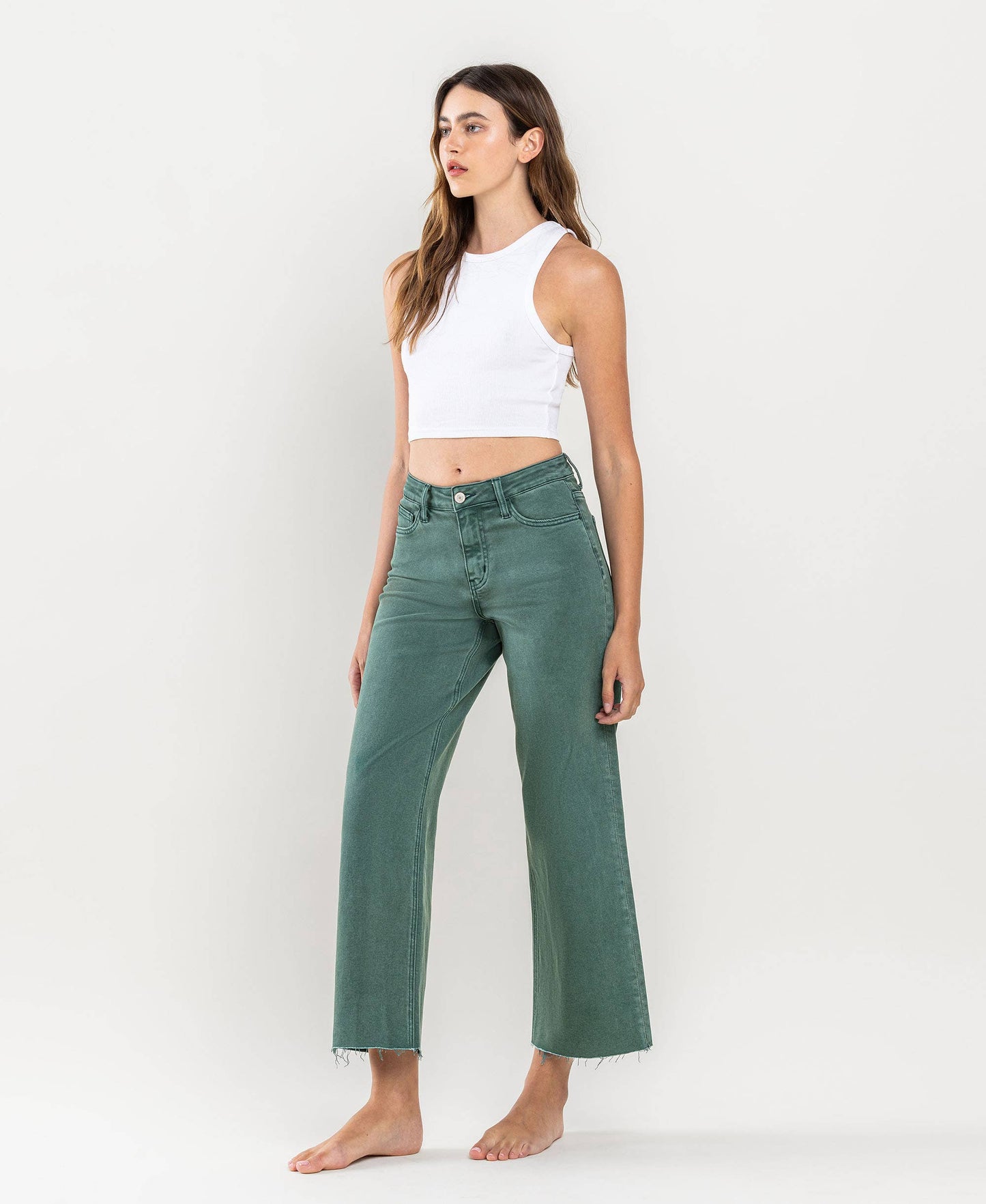 HIGH RISE CROP WIDE LEG JEANS MALLARD GREEN