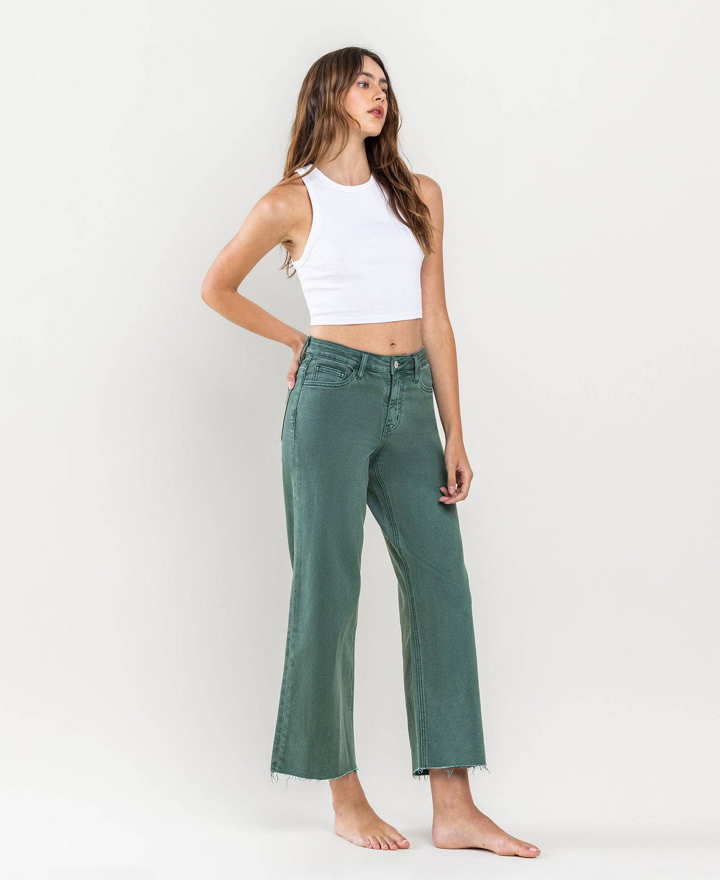 HIGH RISE CROP WIDE LEG JEANS MALLARD GREEN