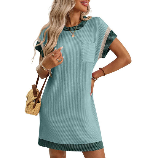 Color Block Ribbed Pocket T Shirt Dress Casual Summer: Lake Green / 65%Polyester+30%Viscose+5%Elastane /